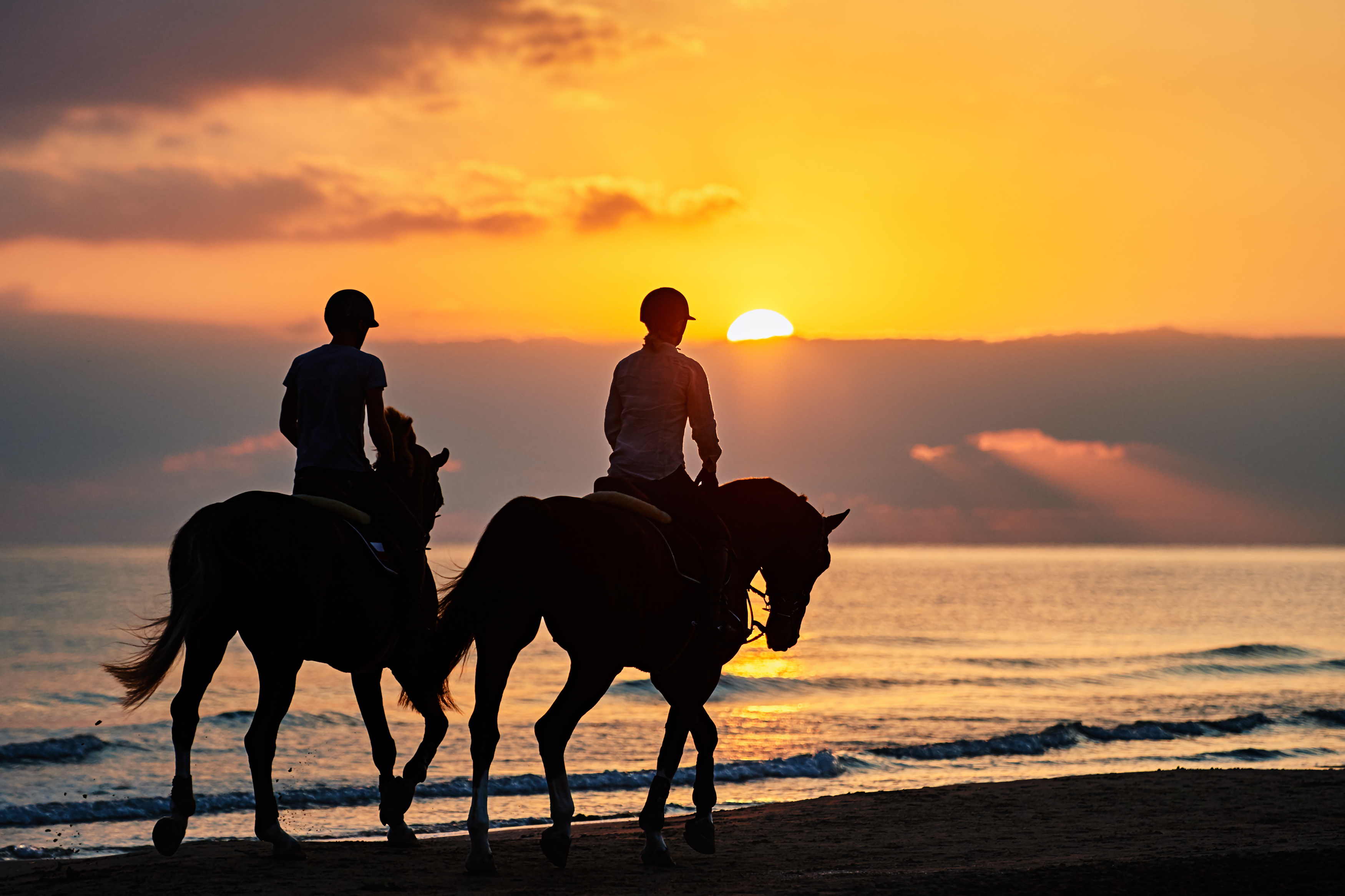 Une balade à cheval au bord de l’eau en Corse Titre de l’image : moby_balade-a-cheval Description de l’image : Deux personnes qui font une balade à cheval au bord de l’eau et avec un coucher de soleil.