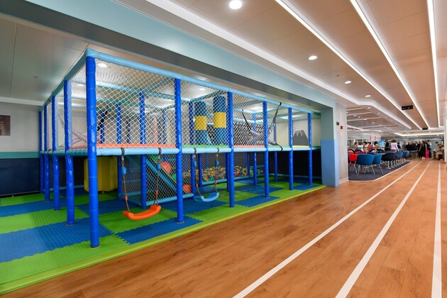 Un espace de jeu avec des balançoires, une piscine de balles et un toboggan spécialement conçu pour les enfants. 